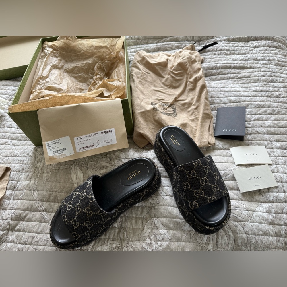 Gucci Black Slide Sandals-worn once-look new.  Awesome denim fabric.